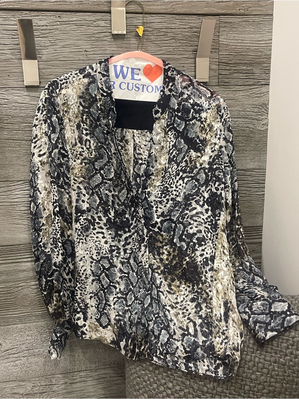 Alice + Olivia Black and Cream Snake Print Button-Down Blouse
